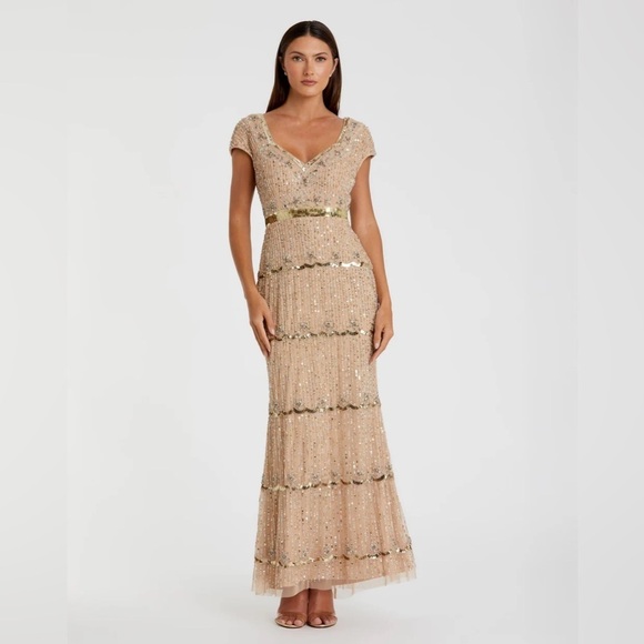 MAC DUGGAL 9089 NWT Cap Sleeve Sweetheart Neckline Beaded Sequin Column Gown - Picture 1 of 11